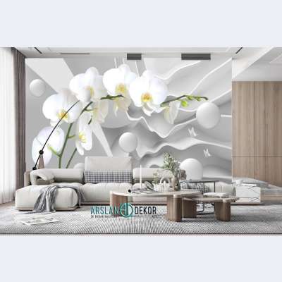 3 Boyutlu Tasarımın Arka Planına Beyaz Orkideler Desen Duvar Kağıdı 3758