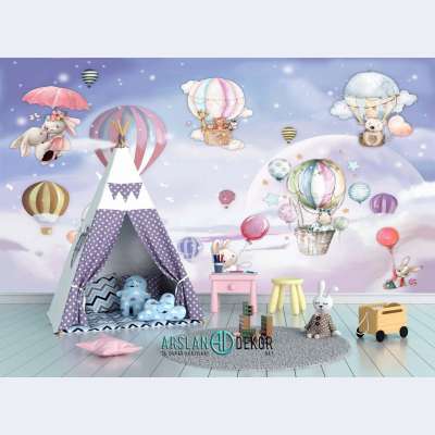 Bulut Balon Sevimli Hayvanlar Çocuk Duvar Kağıdı 3752