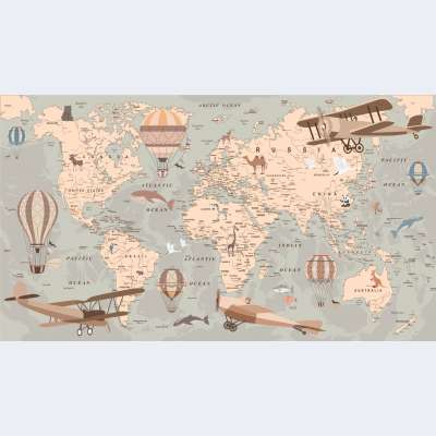 Harita Uçan Balonlar Uçaklar Çocuk Duvar Kağıdı 5026